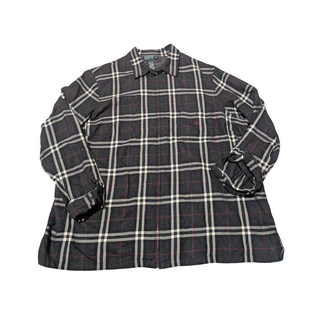 VTG Lauren Ralph Lauren Shirt Jacket Men XL Grey Plaid Wool Full Zip Overshirt